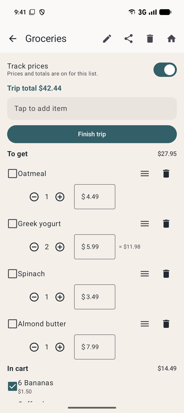 A store list with prices on Android