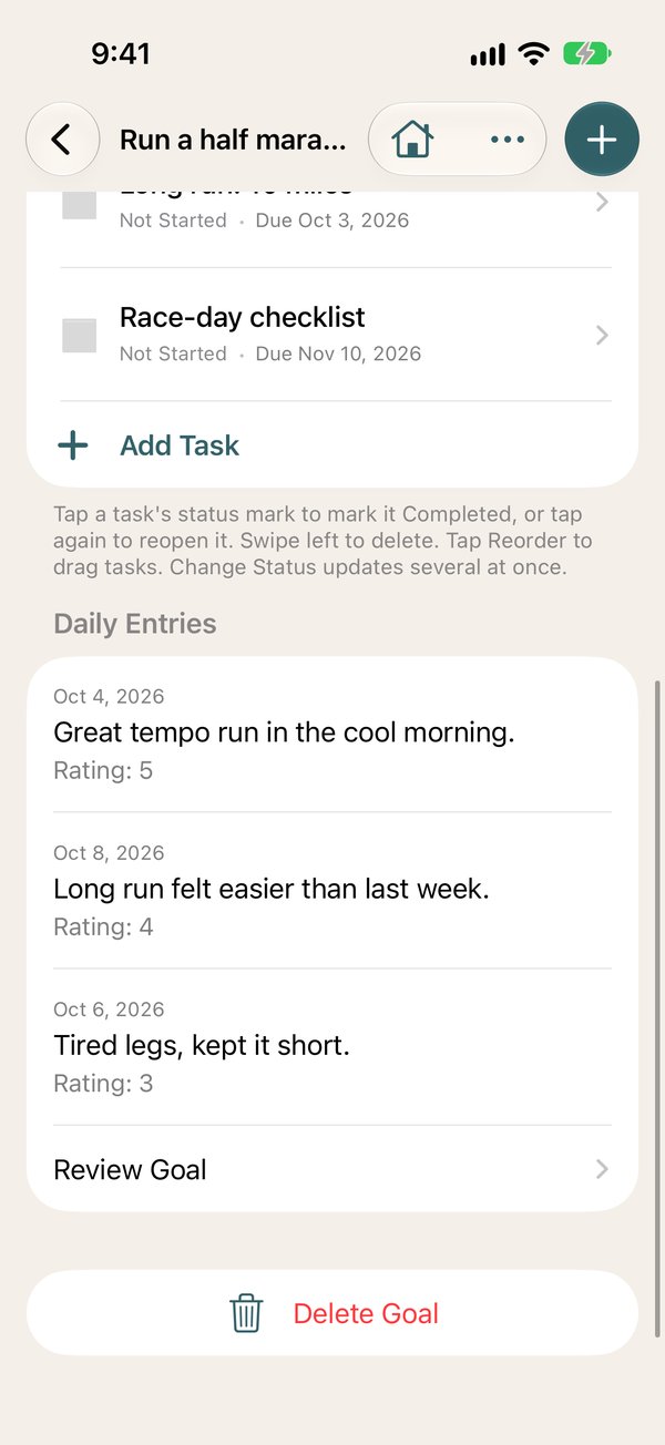Journal entries on a goal on iPhone