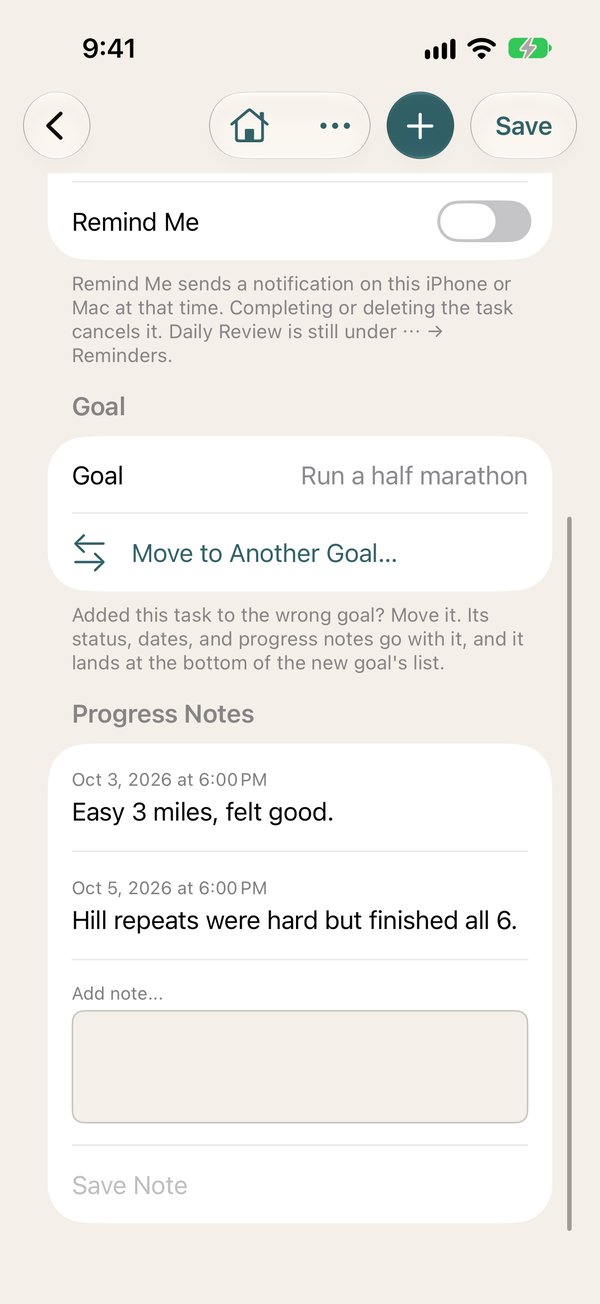 Progress notes on a task on iPhone